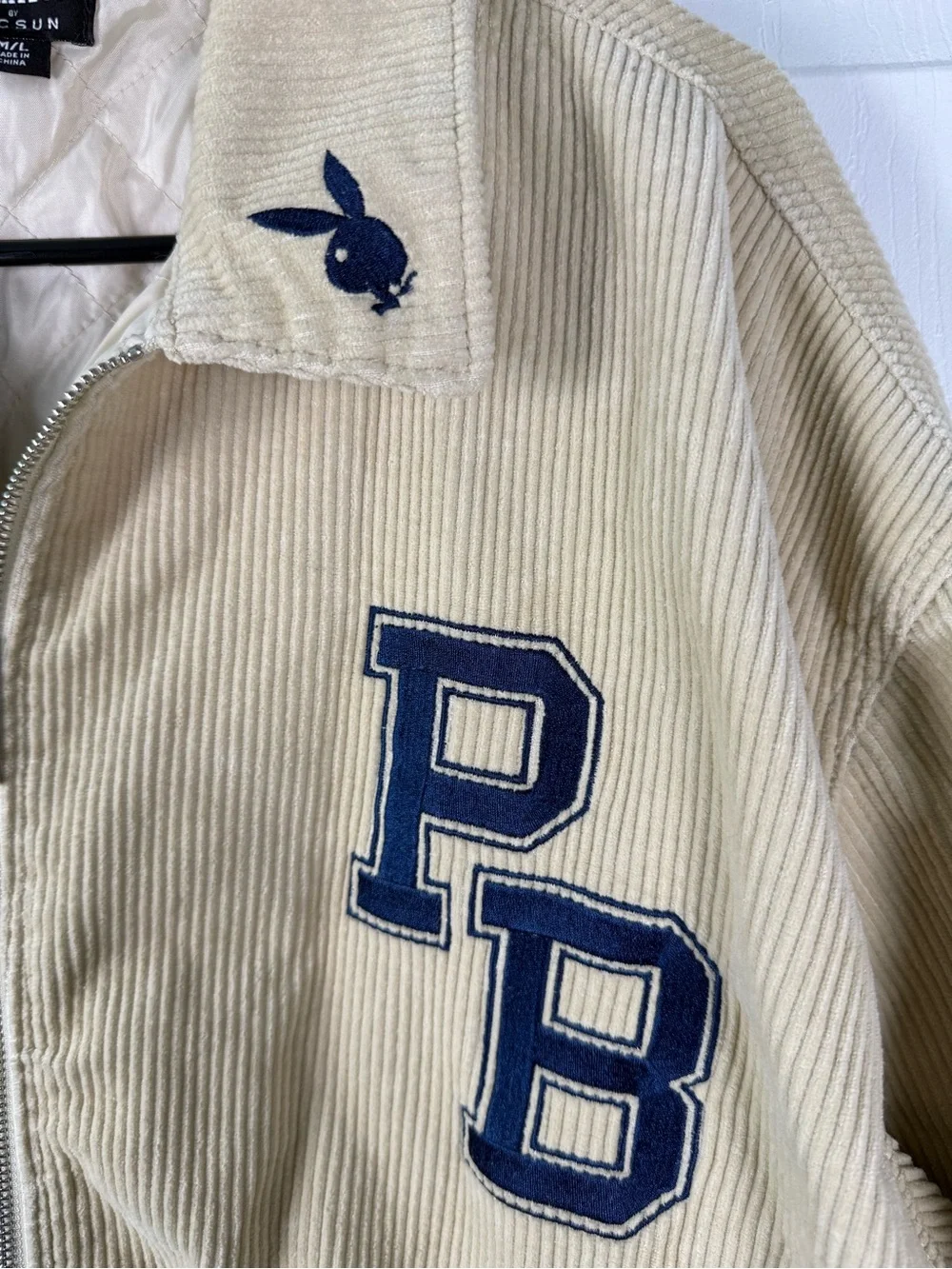 PacSun Beige Corduroy Bomber Jacket with Navy 'PB' Applique